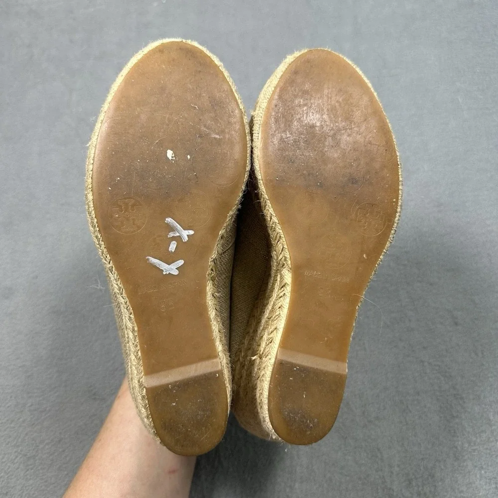 Tory Burch Filipa Espadrille Wedge Heels 8B Tan Canvas Peep Toe Platform